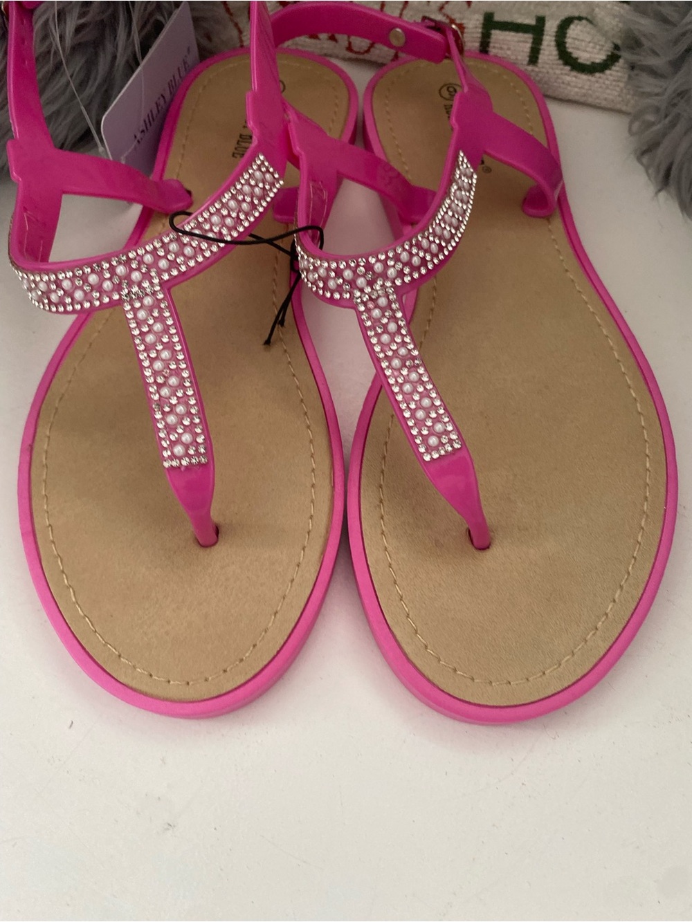 Ashley Blue Hot Pink Rhinestone T-Strap Sandals - Picture 3 of 4